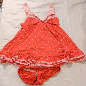 Women's Polka Dot Lace Trim Sleepwear Set - Red/Pink